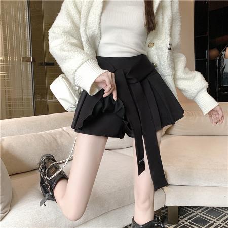 FA46261# 秋冬季百搭绑带高腰显瘦半身裙百褶裙防走光短裙a字裙女 服裝批發女裝批發服飾貨源