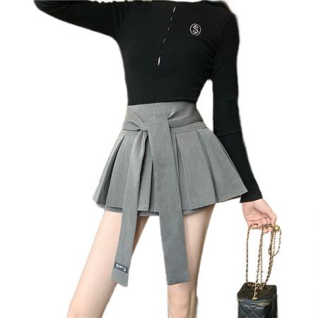 FA46261# 秋冬季百搭绑带高腰显瘦半身裙百褶裙防走光短裙a字裙女 服裝批發女裝批發服飾貨源