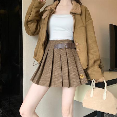 FA46262# 韩系复古高腰半身裙女秋冬新款高级感修身显瘦百褶a字裙 服裝批發女裝批發服飾貨源