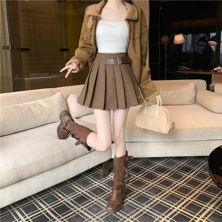 FA46262# 韩系复古高腰半身裙女秋冬新款高级感修身显瘦百褶a字裙 服裝批發女裝批發服飾貨源