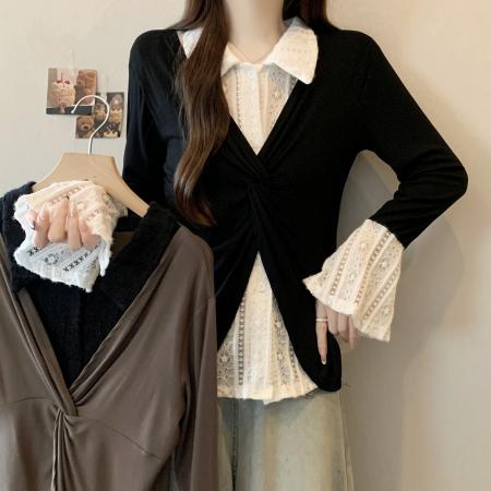 FA46263# 大码假两件蕾丝拼接衬衫女秋新款气质修身显瘦长袖上衣 服裝批發女裝批發服飾貨源