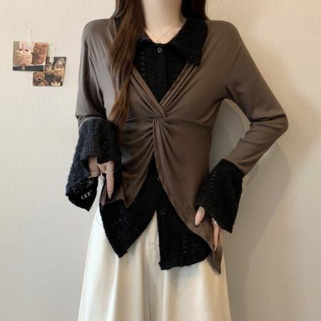 FA46263# 大码假两件蕾丝拼接衬衫女秋新款气质修身显瘦长袖上衣 服裝批發女裝批發服飾貨源