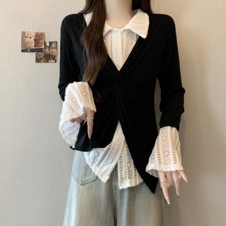 FA46263# 大码假两件蕾丝拼接衬衫女秋新款气质修身显瘦长袖上衣 服裝批發女裝批發服飾貨源