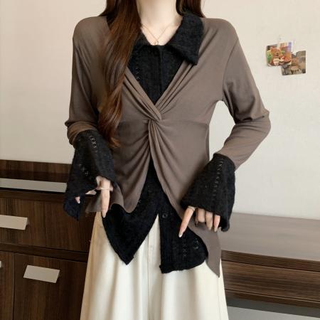 FA46263# 大码假两件蕾丝拼接衬衫女秋新款气质修身显瘦长袖上衣 服裝批發女裝批發服飾貨源