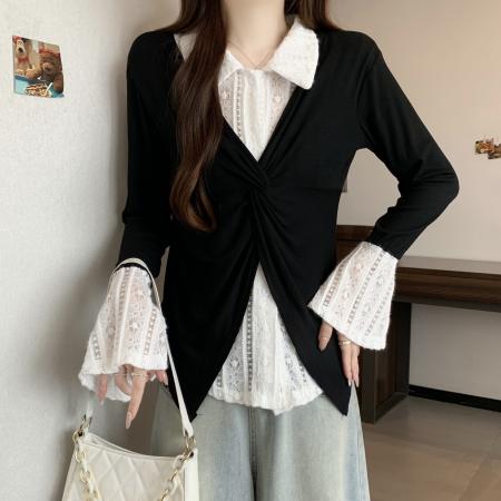 FA46263# 大码假两件蕾丝拼接衬衫女秋新款气质修身显瘦长袖上衣 服裝批發女裝批發服飾貨源