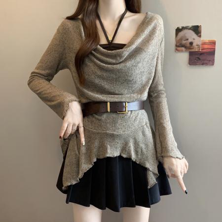 FA46264# 大码设计感荡领不规则针织衫上衣女挂脖背心秋季新款两件套 服裝批發女裝批發服飾貨源
