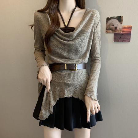 FA46264# 大码设计感荡领不规则针织衫上衣女挂脖背心秋季新款两件套 服裝批發女裝批發服飾貨源