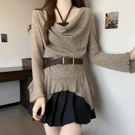 FA46264# 大码设计感荡领不规则针织衫上衣女挂脖背心秋季新款两件套 服裝批發女裝批發服飾貨源