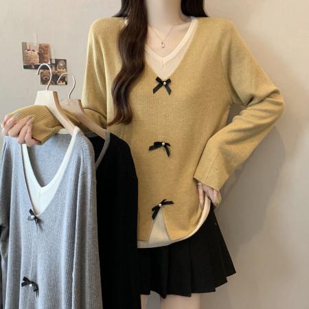 FA46265# 大码秋冬新款法式蝴蝶结假两件针织衫胖mm显瘦V领上衣 服裝批發女裝批發服飾貨源