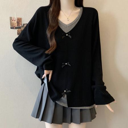 FA46265# 大码秋冬新款法式蝴蝶结假两件针织衫胖mm显瘦V领上衣 服裝批發女裝批發服飾貨源