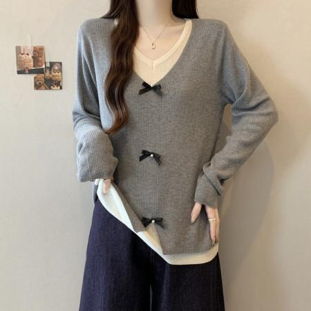 FA46265# 大码秋冬新款法式蝴蝶结假两件针织衫胖mm显瘦V领上衣 服裝批發女裝批發服飾貨源