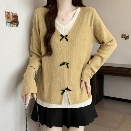 FA46265# 大码秋冬新款法式蝴蝶结假两件针织衫胖mm显瘦V领上衣 服裝批發女裝批發服飾貨源