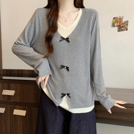 FA46265# 大码秋冬新款法式蝴蝶结假两件针织衫胖mm显瘦V领上衣 服裝批發女裝批發服飾貨源