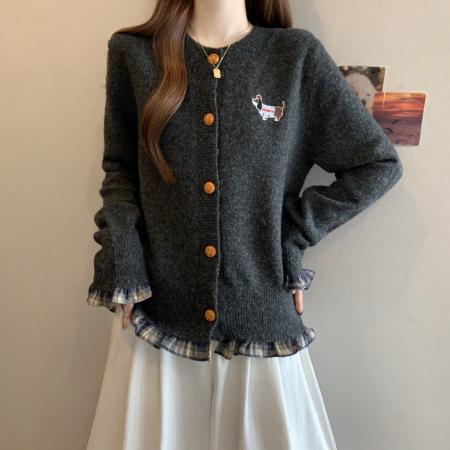 FA46266# 大码深灰色毛衣秋冬款格子荷叶边上衣胖mm显瘦遮肉针织开衫 服裝批發女裝批發服飾貨源