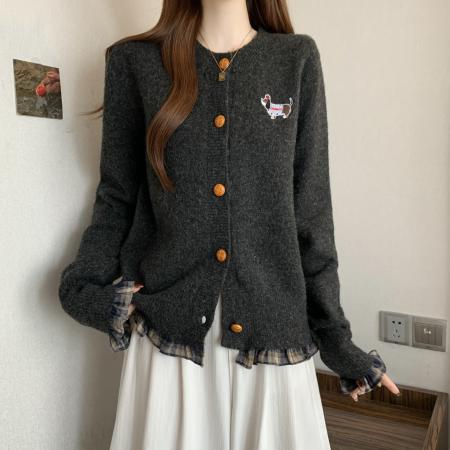 FA46266# 大码深灰色毛衣秋冬款格子荷叶边上衣胖mm显瘦遮肉针织开衫 服裝批發女裝批發服飾貨源