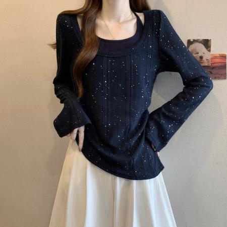 FA46267# 大码胖mm纯欲风掐腰显瘦假两件上衣秋季设计感镂空针织衫 服裝批發女裝批發服飾貨源