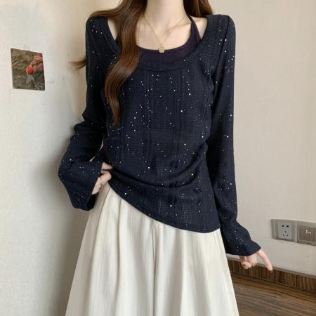 FA46267# 大码胖mm纯欲风掐腰显瘦假两件上衣秋季设计感镂空针织衫 服裝批發女裝批發服飾貨源