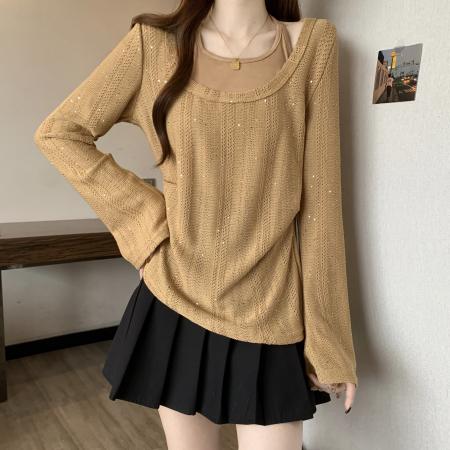 FA46267# 大码胖mm纯欲风掐腰显瘦假两件上衣秋季设计感镂空针织衫 服裝批發女裝批發服飾貨源