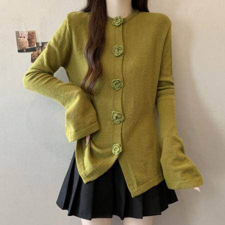 FA46268# 大码立体玫瑰花针织衫秋冬新款法式复古喇叭袖修身显瘦毛衣 服裝批發女裝批發服飾貨源