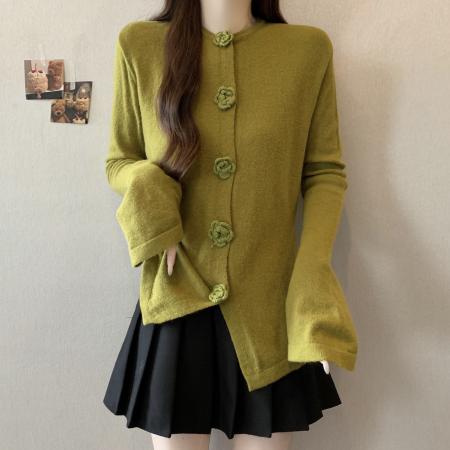 FA46268# 大码立体玫瑰花针织衫秋冬新款法式复古喇叭袖修身显瘦毛衣 服裝批發女裝批發服飾貨源