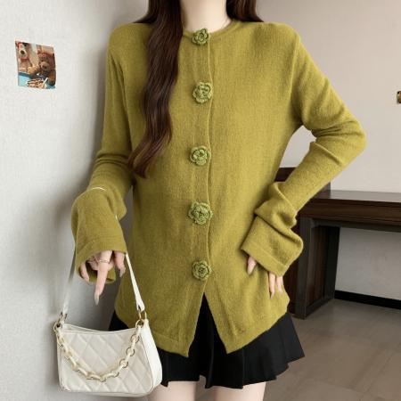 FA46268# 大码立体玫瑰花针织衫秋冬新款法式复古喇叭袖修身显瘦毛衣 服裝批發女裝批發服飾貨源