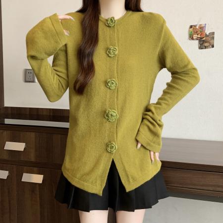 FA46268# 大码立体玫瑰花针织衫秋冬新款法式复古喇叭袖修身显瘦毛衣 服裝批發女裝批發服飾貨源