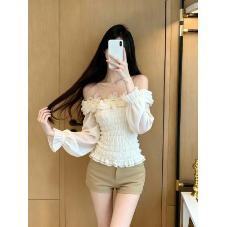 FA46270# 高级感露肩网纱长袖拼接蕾丝上衣女秋修身显瘦法式衬衫 服裝批發女裝批發服飾貨源