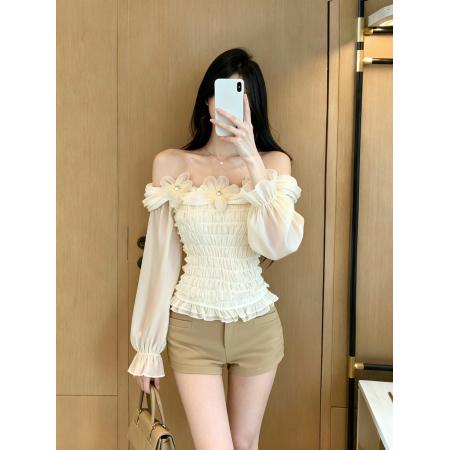 FA46270# 高级感露肩网纱长袖拼接蕾丝上衣女秋修身显瘦法式衬衫 服裝批發女裝批發服飾貨源