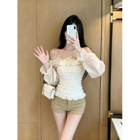 FA46270# 高级感露肩网纱长袖拼接蕾丝上衣女秋修身显瘦法式衬衫 服裝批發女裝批發服飾貨源