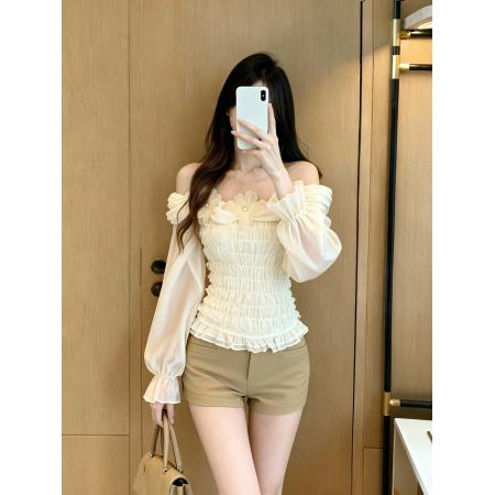 FA46270# 高级感露肩网纱长袖拼接蕾丝上衣女秋修身显瘦法式衬衫 服裝批發女裝批發服飾貨源