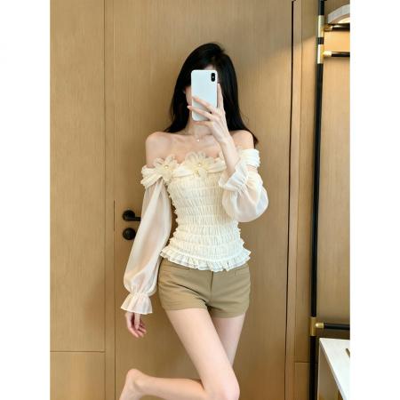 FA46270# 高级感露肩网纱长袖拼接蕾丝上衣女秋修身显瘦法式衬衫 服裝批發女裝批發服飾貨源