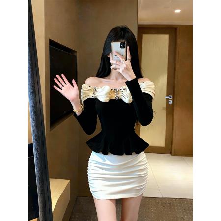 FA46271# 小香风荷叶边长袖t恤女秋冬纯欲一字肩上衣绝美打底衫内搭 服裝批發女裝批發服飾貨源