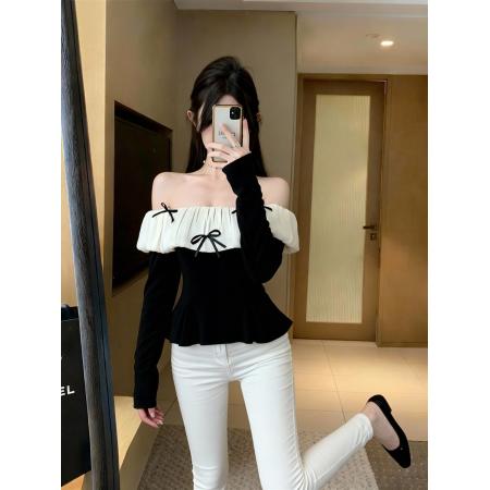 FA46274# 法式气质收腰显瘦一字露肩打底衫秋冬拼接内搭蝴蝶结上衣 服裝批發女裝批發服飾貨源