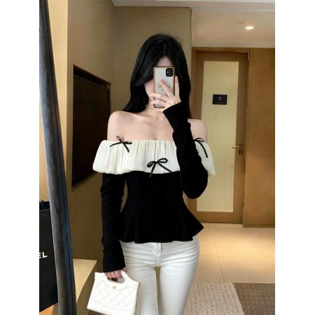 FA46274# 法式气质收腰显瘦一字露肩打底衫秋冬拼接内搭蝴蝶结上衣 服裝批發女裝批發服飾貨源
