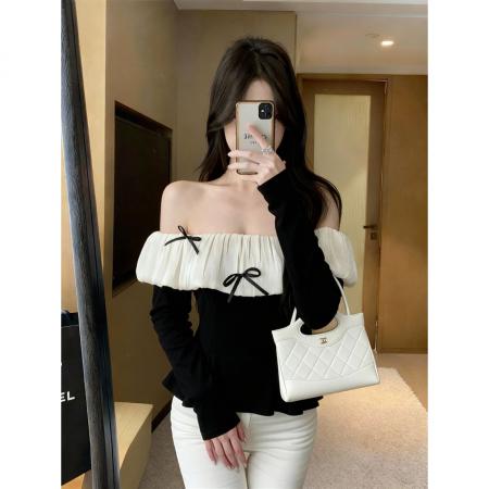 FA46274# 法式气质收腰显瘦一字露肩打底衫秋冬拼接内搭蝴蝶结上衣 服裝批發女裝批發服飾貨源
