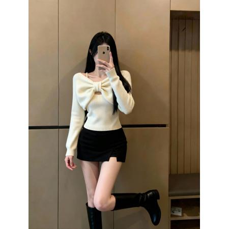 FA46275# 一字肩红色针织衫女秋冬短款斜露肩毛衣内搭上衣高级感 服裝批發女裝批發服飾貨源