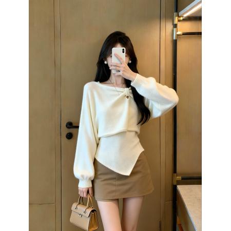 FA46276# 设计感小众慵懒风露肩毛衣秋季新款圣诞氛围感穿搭 服裝批發女裝批發服飾貨源