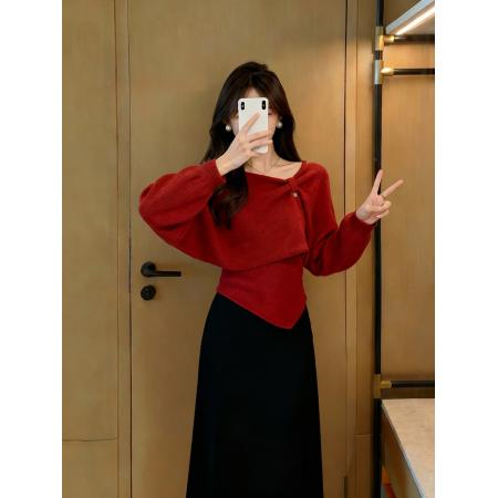 FA46276# 设计感小众慵懒风露肩毛衣秋季新款圣诞氛围感穿搭 服裝批發女裝批發服飾貨源