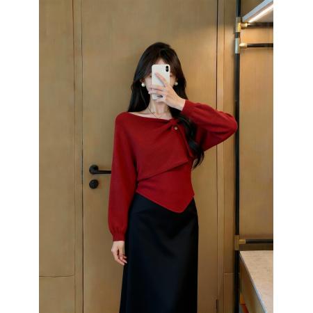 FA46276# 设计感小众慵懒风露肩毛衣秋季新款圣诞氛围感穿搭 服裝批發女裝批發服飾貨源