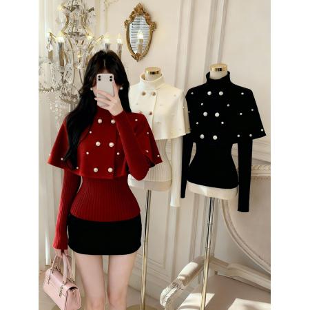 FA46277# 法式双排扣斗蓬毛织衫女秋冬季百搭显瘦保暖长袖上衣 服裝批發女裝批發服飾貨源