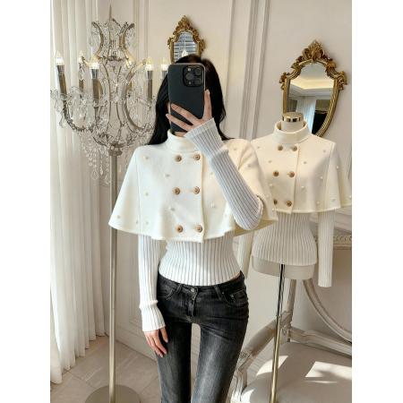FA46277# 法式双排扣斗蓬毛织衫女秋冬季百搭显瘦保暖长袖上衣 服裝批發女裝批發服飾貨源