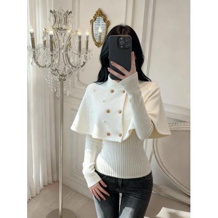 FA46277# 法式双排扣斗蓬毛织衫女秋冬季百搭显瘦保暖长袖上衣 服裝批發女裝批發服飾貨源