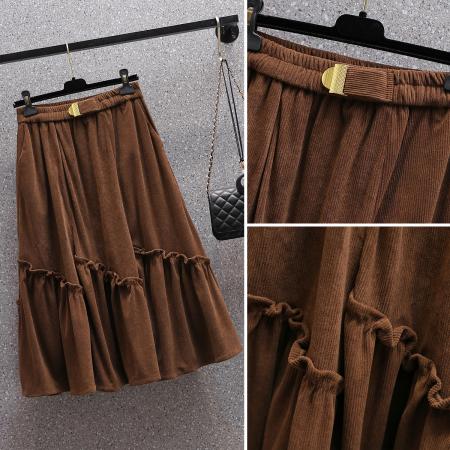 FA46278# 秋冬大码不规则灯芯绒长款半身裙女高腰胖MM打底裙子大摆伞裙 服裝批發女裝批發服飾貨源