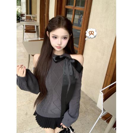 FA46282# 长袖复古包臀裙露肩毛衣秋冬灯笼袖千金感收腰针织连衣裙 服裝批發女裝批發服飾貨源