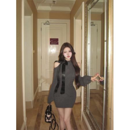 FA46282# 长袖复古包臀裙露肩毛衣秋冬灯笼袖千金感收腰针织连衣裙 服裝批發女裝批發服飾貨源