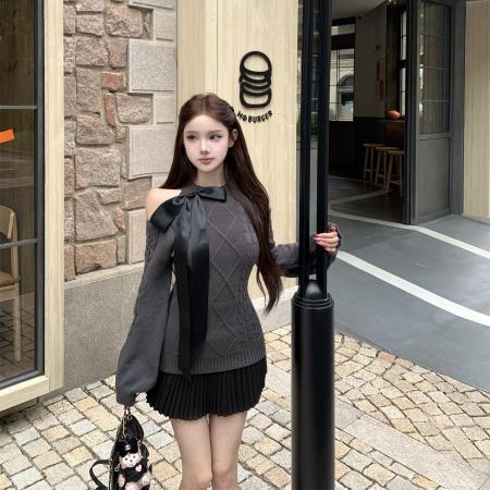 FA46282# 长袖复古包臀裙露肩毛衣秋冬灯笼袖千金感收腰针织连衣裙 服裝批發女裝批發服飾貨源