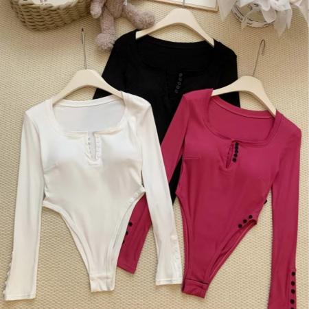 FA46284# 火龙果色v领长袖连体上衣性感辣妹风修身打底衫别致内搭T恤带胸垫 服裝批發女裝批發服飾貨源