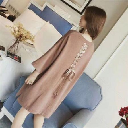 FA46285# 春秋季新款韩版中长款宽松后背绑带蝴蝶结针织毛衣连衣裙 服裝批發女裝批發服飾貨源