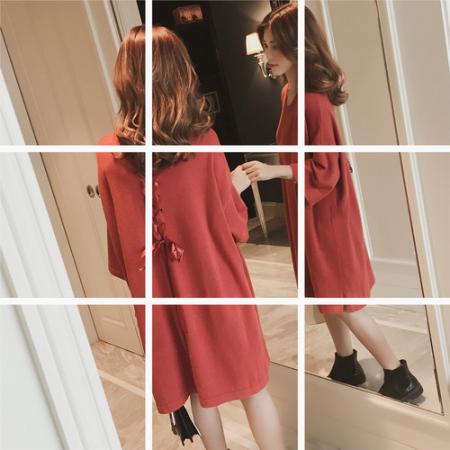 FA46285# 春秋季新款韩版中长款宽松后背绑带蝴蝶结针织毛衣连衣裙 服裝批發女裝批發服飾貨源