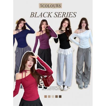 FA46286# 早秋新款纯欲性感露肩绑带长袖修身女一体式带胸垫褶皱显瘦 服裝批發女裝批發服飾貨源